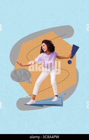 Collage di modelli creativi di una persona che viaggia su un piano di carta con commenti su sfondo blu Foto Stock