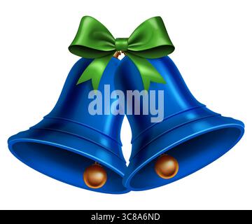 Due campane di Natale blu con una superficie lucida e lucida sono decorate con un lussureggiante arco verde legato in cima, aggiungendo un tocco di eleganza e di eleganza Illustrazione Vettoriale