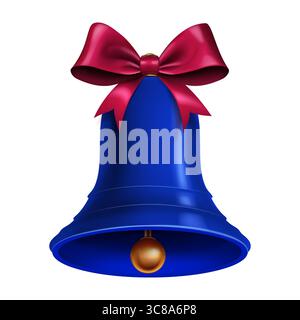 Una campana di Natale blu vibrante con una superficie lucida e lucida è decorata con un lussureggiante fiocco rosso legato in cima, aggiungendo un tocco di eleganza e festivi Illustrazione Vettoriale