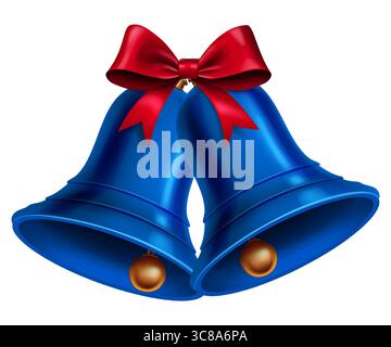 Due campane di Natale blu con una superficie lucida e lucida sono decorate con un lussureggiante fiocco rosso legato in cima, aggiungendo un tocco di eleganza e festa Illustrazione Vettoriale