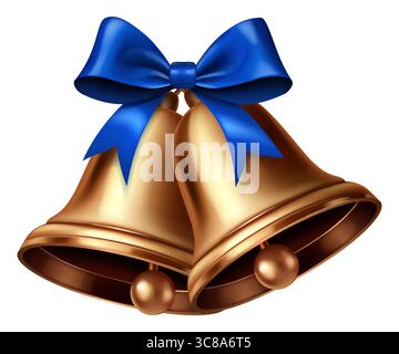 Due vivaci campane di Natale dorate con una superficie lucida e lucida sono decorate con un lussureggiante arco blu legato in cima, aggiungendo un tocco di eleganza e Illustrazione Vettoriale