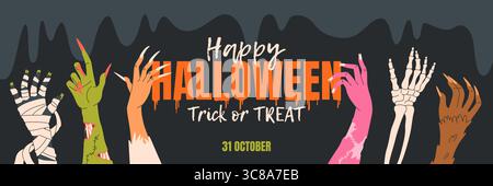 Buon Halloween. Striscione orizzontale. Trucco o dolcetto Illustrazione Vettoriale