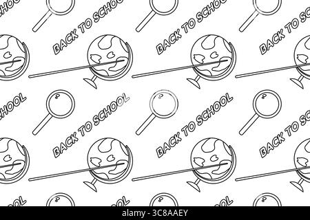 Pagina di colorazione con motivo senza cuciture con globi, lenti d'ingrandimento e puntatori. Per intrattenere i bambini, tornare a scuola, studiare in bianco e nero printabl Illustrazione Vettoriale