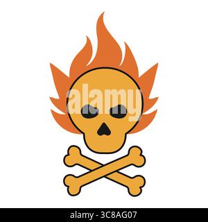 Teschio fiammeggiante con ossa incrociate in un vivace design arancione e nero. Illustrazione vettoriale Illustrazione Vettoriale