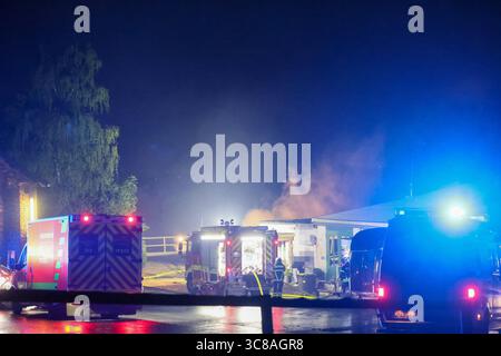 Großbrand zerstört Unterstand an Wuppertaler Reitsportzentrum - Feuerwehr kann Übergriff auf Pferdestall verhindern Große Flammen schlugen am Sonntagabend in den Nachthimmel als in einer Reitsportanlage am Aprather Weg ein ca. 30 qm Großer Unterstand mit Lagerflächen nello stand Vollbrand. Der Funkenflug drohte durch starken Wind auf einen angrenzenden Pferdestall überzugreifen. Dies konnte durch das rasche Eingreifen der Wuppertaler Feuerwehr glücklicherweise verhindert werden. MIT drei C-Rohren und einem B-Rohr führten die Feuerwehrleute einen massiven Löschangriff von zwei Seiten durch. Wupper Foto Stock