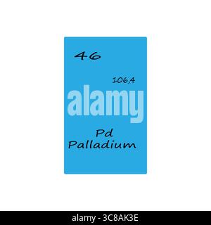 Blocco elementi palladio. Numero atomico quarantasei. Simbolo chimico vettore. Sfondo blu brillante. Illustrazione Vettoriale