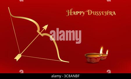 Indian Happy Holiday of Dushehra Dussehra poster con arco e frecce. Modello di cartolina per il web design dei social media. Illustrazione vettoriale. Illustrazione Vettoriale
