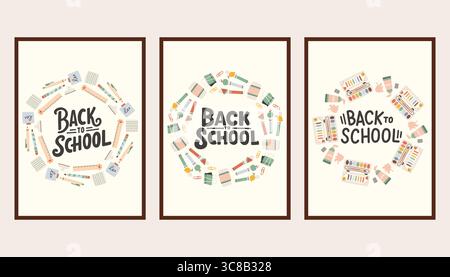 Un semplice set di poster per tornare a scuola. Striscioni e sfondi scolastici alla moda. Design moderno con forniture scolastiche, adesivi didattici, scarabocchi. Torna a scuola Illustrazione Vettoriale