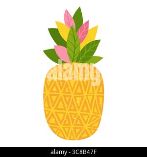 Illustrazione vettoriale alla moda della frutta di ananas. Succosa frutta fresca fresca tropicale a mano con ananas intero. Elegante semplice e graziosa arte esotica per bambini, carta, poster, copertina, adesivo Illustrazione Vettoriale