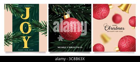 Buon Natale e cartoni animati. Natale, gioia e felice anno nuovo modello clip art con palline rosse di Natale, campana d'oro e pino Illustrazione Vettoriale