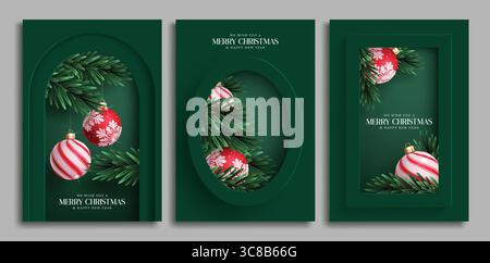 Buon set di poster natalizi. Natale e felice anno nuovo saluto clip art con palle di Natale appese e decorazione taglio di carta di pino Illustrazione Vettoriale