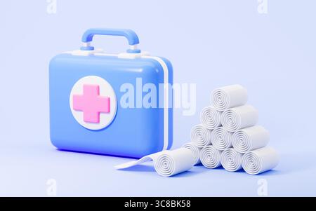 Cartoni animati kit di pronto soccorso medico e garza assorbente, rendering 3d. illustrazione 3d. Foto Stock