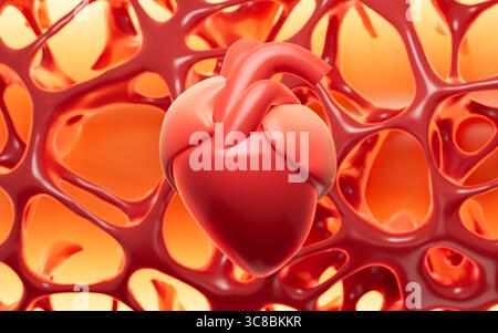 Fondo di fibre nervose astratte e globuli rossi , cuore umano, rendering 3d. illustrazione 3d. Foto Stock