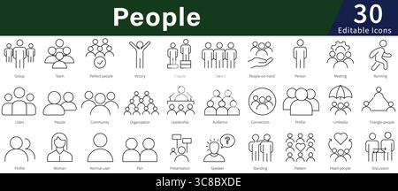 Icone di linea modificabili persone impostate per relazioni umane, personali, sociali e comunitarie Illustrazione Vettoriale