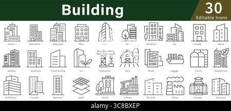 Set di icone delle linee modificabili per architettura, edilizia, immobili e strutture urbane Illustrazione Vettoriale