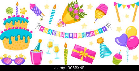 Una vivace collezione di compleanni, una torta colorata, candele, palloncini, regali, e decorazioni natalizie, perfette per le feste. Illustrazione Vettoriale