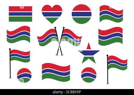 Set di variazioni bandiera Gambia, tra cui bandiere e loghi ondulati. Illustrazione Vettoriale