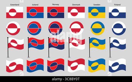 Bandiere dei paesi nordici Groenlandia, Islanda, Norvegia, Danimarca, Svezia, e la Finlandia. Illustrazione Vettoriale