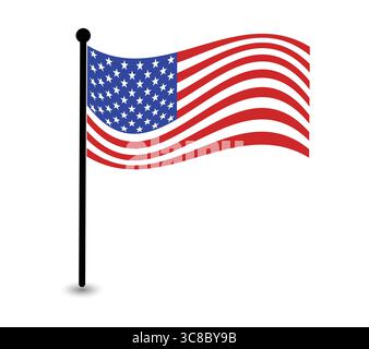 Bandiera americana che sventola dolcemente su un palo verticale. Illustrazione Vettoriale