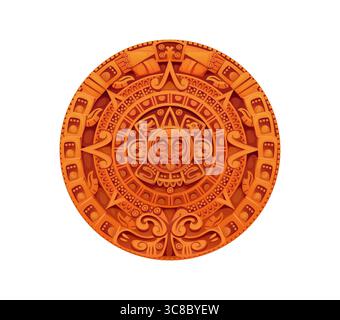 Icona del gioco messicano Inca Maya Aztec. Calendario astrologico circolare vettoriale, antica pietra rotonda con simboli geroglifici e faccia che mostra una lingua. Cultura azteca, religione e tradizione scultorea Illustrazione Vettoriale