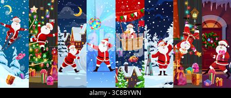 Natale Babbo Natale collage di personaggi per le vacanze invernali, sfondo vettoriale dei cartoni animati. Simpatici personaggi di Babbo Natale che decorano l'albero di Natale o ballano in discoteca, sciando e sbirciando in casa in mongolfiera Illustrazione Vettoriale