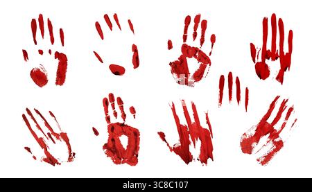 Collezione di impronte di sangue rosse per i disegni horror di Halloween: Macchie di palma, macchie di dita, graffi sanguinosi su sfondo bianco. Elementi inquietanti della scena del crimine con effetto vernice gocciolante. Illustrazione Vettoriale