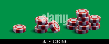 Gettoni rossi e bianchi del casinò impilati sul tavolo verde - gettoni poker 3d in vari pali per la progettazione di giochi d'azzardo. Monete da scommesse a strisce da un pezzo singolo a una pila alta per una grafica di gioco online. Illustrazione Vettoriale