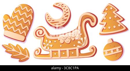 Set di biscotti al pan di zenzero - dorso decorato con motivi di glassa, guanti, mezzaluna, albero di Natale, foglie di agrifoglio e ornamento a palla. Dolci da forno natalizi per le feste invernali. Illustrazione Vettoriale