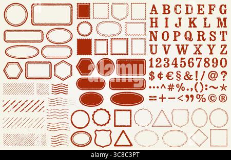 Set di francobolli retro Grunge con lettere. Testo rosso Postal Round (arrotondamento postale) e Square Empty Stamp Border Pack (riquadro timbro vuoto). Modello timbro post vuoto Illustrazione Vettoriale