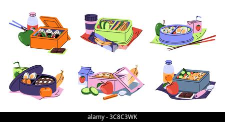 Set vettoriale di cestino per pranzo con pasti o contenitori per alimenti. Prelievo nutrizionale in una confezione di plastica aperta. Bento con frutta e verdura, succo di frutta e snack. Cucina casalinga per ufficio e scuola. Organico. Illustrazione Vettoriale