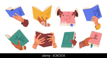 Set di libri aperti nelle palme umane. Mano vettoriale con documentazione rigida. Collezione di cartoni animati simbolo di educazione e lettura, conoscenza e apprendimento, saggezza. Testo di studio umano o informazioni di apprendimento, leggere. Illustrazione Vettoriale