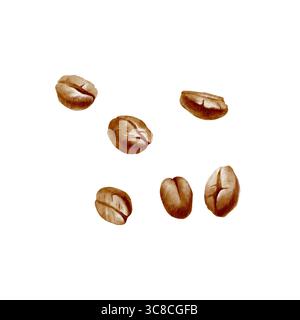 Chicchi di caffè sparsi nell'illustrazione ad acquerello. Design minimalista ed elegante per imballaggi, etichette o progetti a tema caffè, che enfatizzano la naturalezza Foto Stock