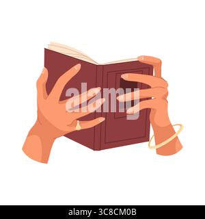 La donna dei cartoni animati tiene il libro per la lettura. Letteratura vettoriale o rivista didattica. Palm con copertina rigida aperta o testo cartaceo. Lettore e formazione, conoscenza e apprendimento, manuale. Illustrazione Vettoriale