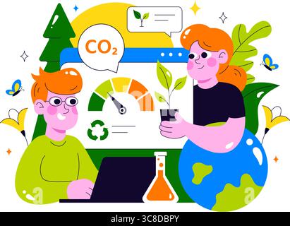 Illustrazione della riduzione dell'impronta di carbonio con analisi degli effetti dell'inquinamento ambientale con CO2, impatto sulla natura, sul clima e sull'eco-bilanciamento globale Illustrazione Vettoriale