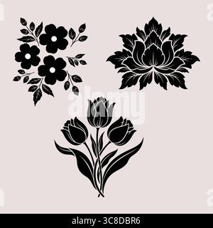 Questa elegante illustrazione presenta una collezione di disegni floreali neri, tra cui un gruppo di fiori, un loto e un bouquet di tulipani. Illustrazione Vettoriale