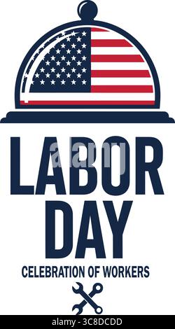 Questa accattivante illustrazione celebra la Festa dei lavoratori con un design sorprendente con la bandiera americana e un'importante campana. Illustrazione Vettoriale