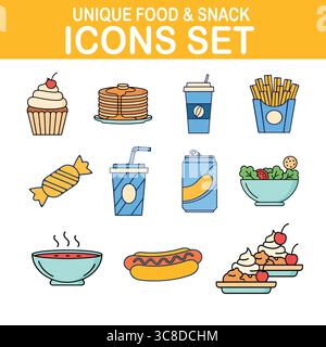 Questo set unico di icone del cibo e degli spuntini presenta un delizioso assortimento di illustrazioni colorate, tra cui un cupcake, frittelle dolci, bevande analcoliche e patatine fritte. Illustrazione Vettoriale