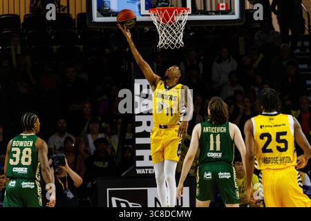 Edmonton, Canada. 3 agosto 2025. (11) Nick Hornsby degli Edmonton Stingers in azione CEBL di stagione regolare presso l'Edmonton Expo Centre. Credito: SOPA Images Limited/Alamy Live News Foto Stock