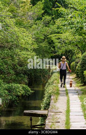 Una persona che cammina cani lungo il tranquillo sentiero filosofo in estate, Kyoto, Kansai, Giappone Foto Stock