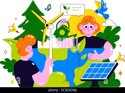 Illustrazione della riduzione dell'impronta di carbonio con analisi degli effetti dell'inquinamento ambientale con CO2, impatto sulla natura, sul clima e sull'eco-bilanciamento globale Illustrazione Vettoriale