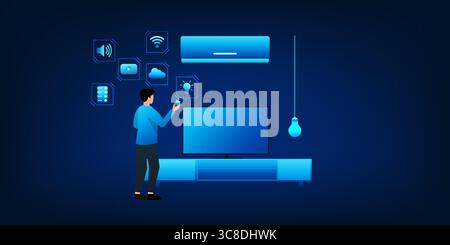 Tecnologia per la casa intelligente con sistema IoT. Un uomo usa il suo smartphone per controllare elettrodomestici come l'illuminazione, l'aria condizionata e l'intrattenimento devi Illustrazione Vettoriale