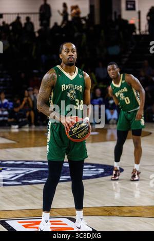 Edmonton, Canada. 3 agosto 2025. (38) Jordan Bowden dei Saskatchewan Rattlers nell'azione CEBL di stagione regolare presso l'Edmonton Expo Centre. (Foto di Ron Palmer/SOPA Images/Sipa USA) credito: SIPA USA/Alamy Live News Foto Stock