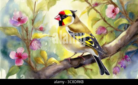Golden finch in fiore: Uccello e fiori di acquerello vivaci Foto Stock