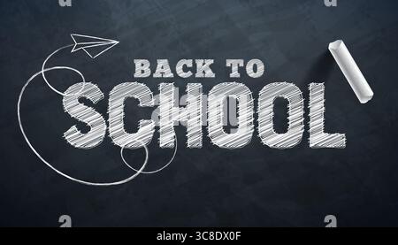 Illustrazione Back to School con gesso bianco e caratteri tipografici su sfondo nero della lavagna. Formazione vettoriale, apprendimento e conoscenza Illustrazione Vettoriale
