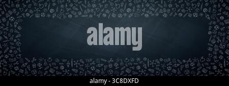 Design senza cuciture Banner Back to School con coloratissimi Doodles disegnati a mano in stile forniture scolastiche e spazio copia su sfondo nero della lavagna Illustrazione Vettoriale