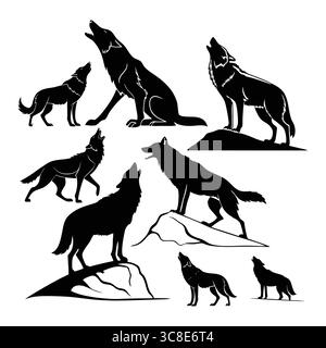 Collezione di lupi appenninici sagomati in varie pose su Rocks e Howling Illustrazione Vettoriale