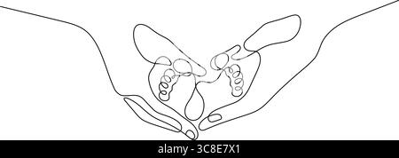 piedini per bambini che tengono le mani su una linea che disegna a mano una decorazione minimalista continua Illustrazione Vettoriale