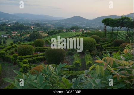Giardino topiario ben curato con ampie vedute dei vigneti e delle colline di Ponte de Lima, visto dalla storica tenuta di Paco de Calheiros Foto Stock