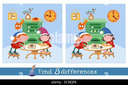 Trova 8 differenze. Gioco per bambini. Elfi che preparano biscotti per Natale. Illustrazione vettoriale disegnata a mano. Illustrazione Vettoriale
