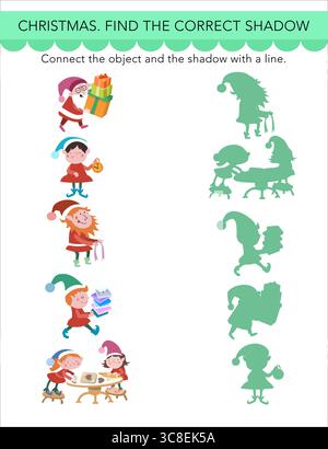 Trovare l'ombra corretta. Puzzle game educativo per bambini. Illustrazioni vettoriali natalizie su sfondo bianco. Trovate gli stessi. Disegna la linea, connettiti Illustrazione Vettoriale